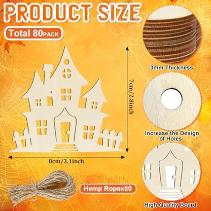80PCS Wooden Halloween Ornaments to Paint Fall Decorations,10 Styles DIY Blank Autumn Unfinished Wood Skull Pumpkin Ghost Bat Boo Trick or Treat Halloween Cutouts Ornament for Crafts Party Hanging - Image 2