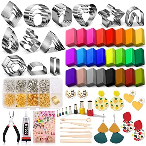 Polymer Clay Earring Making Kit- 30 Clay Earring Cutters, 24 Color Polymer Clay, 8 Circle Cutters, Rollers, B7000 Glue, 640 PCS Earrings Making Tools Accessories for Jewelry DIY (Instructions Include) by Lucomb