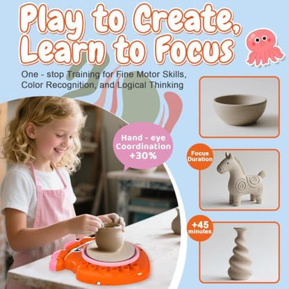 Innofans Pottery Wheel for Kids - Complete Pottery Tools Kit for Beginners, Arts and Crafts for Kids Ages 8-12 with 3 Pack Air Dry Clay, Mini Clay Making Pottery Wheel with Foot Pedal (Octopus) - Image 3