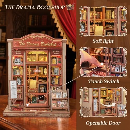 CUTEBEE Book Nook Kit - DIY Miniature House Dollhouse Kit for Adults and Teens, Booknook Tiny House Bookshelf Decor 3D Wooden Puzzle, Gifts for Family Friends (Drama Bookshop) - Image 3