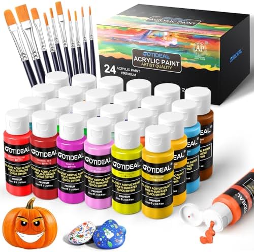 GOTIDEAL Acrylic Paint Set, 24 Colors (59ml, 2 oz), with Paint Brushes by GOTIDEAL