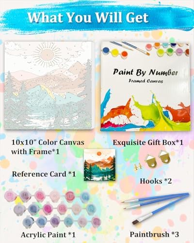 TOCARE Framed Paint by Numbers Kit for Adults Beginner, Sunset Mountains Paint by Number Framed,Easy Adult Paint by Number Kits on Canvas Framed (10x10 Inch, Without Easel) - Image 6
