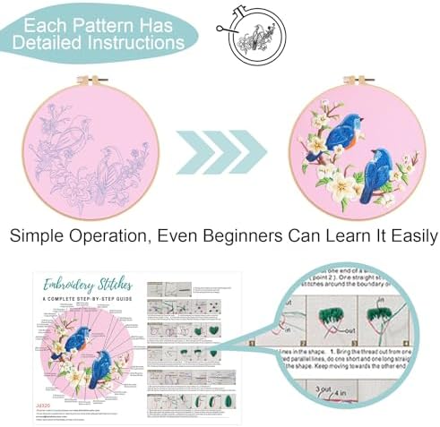 Nuberlic 3 Pack Embroidery Kit for Beginners with Cardinal & Blue Bird - Image 6