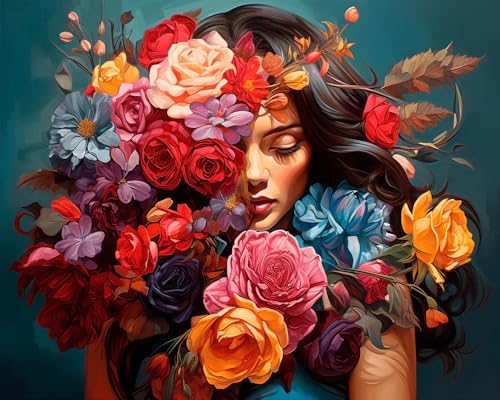 Clendo Flower Woman Paint by Numbers Kit for Adults, DIY Flower Paint by Numbers on Canvas, Colorful Picture Oil Painting Art and Crafts Kits for Wall Decor 16x20inch(Without Frame) by Clendo