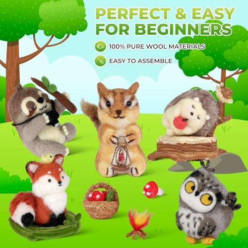 MOREJMTT Needle Felting Kit, 5 PCS Animal Needle Felting Beginner Kits, Wool Felt Needle Felting Tools Foam Pad, Craft Party Supplies for Beginners Adult(Forest Animals) - Image 4