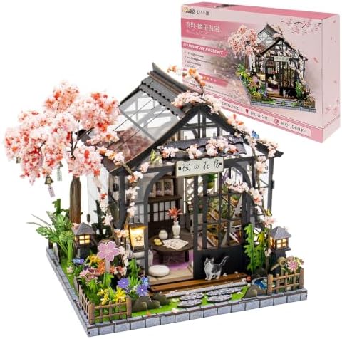 DIY Miniature House Kit, Fairy Dollhouse for Adults to Build, Mini Home Building Kit with Wooden Furniture & LED Lights,Garden Detials, Gift for Family and Friends (Spring Sakura Greenhouse) by Unknown