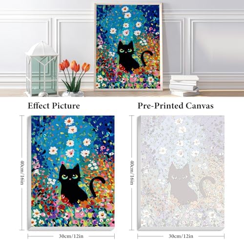 Fountor 12” W x 16”L Framed Paint by Numbers Kit for Adults Beginner, Black Cat Adult Paint by Number Kits on Canvas, Cat Flowers Acrylic Painting by Numbers for Home Decor Gift - Image 3