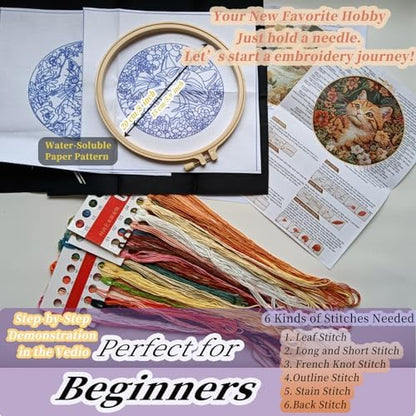 FONNUY 2 Set Embroidery Kit DIY for Adult Beginner, Pre-Stamped Patterns Mountain Sea Embroidery Kits with Hoop, Colored Threads and Needles, Easy to Follow Needlework (Cute Cats) - Image 5