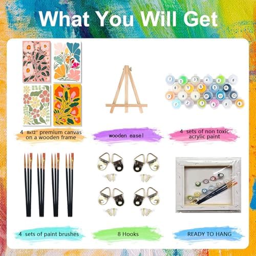 4 Pack Flower Paint by Numbers for Adults with Framed Canvas - Wooden Easel - Image 4