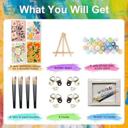 4 Pack Flower Paint by Numbers for Adults with Framed Canvas - Wooden Easel - Image 4