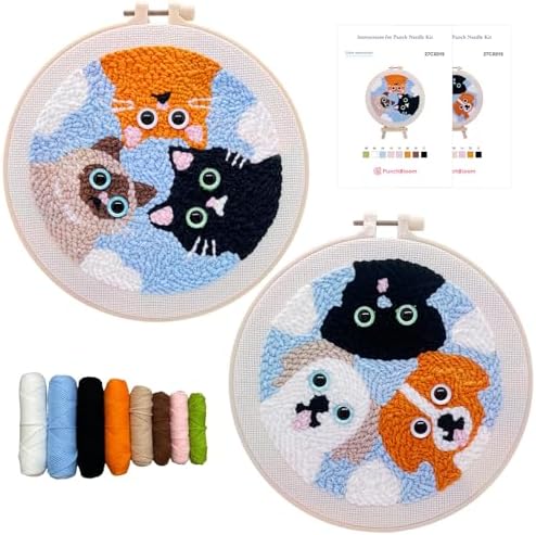 Punch Needle Kit for Adult Beginner, 2-Pack Puppy & Cat Punch Starter Set with Instructions – Yarn Needle Punch Craft for Xmas Gift Idea & Home Wall Decor by PunchBloom
