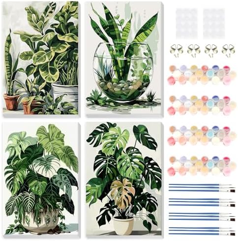 HEIBAGO 4 Pack Framed Paint by Numbers Kit for Adults Beginner, Adult Paint by Number Kits Plant, DIY Paint by Numbers for Adults,Small Easy Acrylic Oil Painting for Wall Decor 8x12 Inch by HEIBAGO