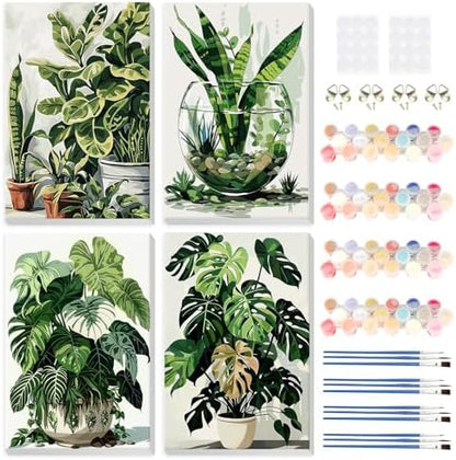 HEIBAGO 4 Pack Framed Paint by Numbers Kit for Adults Beginner, Adult Paint by Number Kits Plant, DIY Paint by Numbers for Adults,Small Easy Acrylic Oil Painting for Wall Decor 8x12 Inch by HEIBAGO