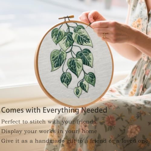FONNUY Green Plants Embroidery Kit, Cross Stitch Kits for Beginners, Handmade Crafts with Printed Patterns for Beginner Adults, Easy to Follow Color Thread Needlework, 8'' Hoop (Drooping Leaves) - Image 4
