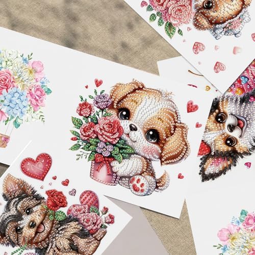 TDFERAN 6 Packs DIY Diamond Art Cards Puppy Flowers Love Diamond Painting Holiday Card Making Kit Diamond Art Card with Envelopes Diamond Painting Greeting Cards for Birthday Thanksgiving Day - Image 5
