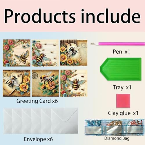 6Pcs Greeting Card DIY Diamond Art Painting Greeting Cards Special Shaped Holiday Blessing Folding Card Kit with Envelopes Arts Crafts for Birthday Festival-Bee - Image 6