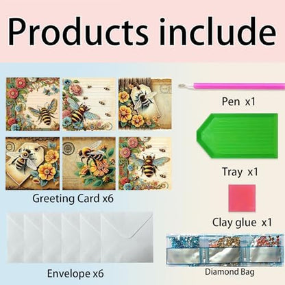 6Pcs Greeting Card DIY Diamond Art Painting Greeting Cards Special Shaped Holiday Blessing Folding Card Kit with Envelopes Arts Crafts for Birthday Festival-Bee - Image 6