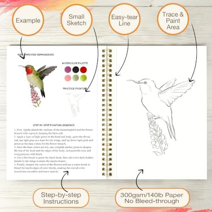 Creazic 2-Pack Watercolor Workbook for Beginners, Pre-Sketched Floral & Bird Coloring Book, 24 Projects on 140lb/300gsm Watercolor Paper, Step-by-Step Tutorial to Relax & Spark Joy for Adults & Teens - Image 4