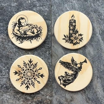 Torch Paste Vintage Christmas Ornament/Coaster Kit the Original Wood Burning Paste | 4 Reusable Stencils | Candle, Manger, Snowflake, Angel | 2 Squeegees | 4 Wood Rounds - Image 6