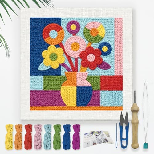 DOODLREAM Geometric Flower Needle Kit for Beginner, 9.4"x 9.4" Boho Vase Punch Stitching Craft Set, DIY Embroidery Starter with Printed Frame, Instruction, Threader, Yarn, Punch Needle by Doodlream