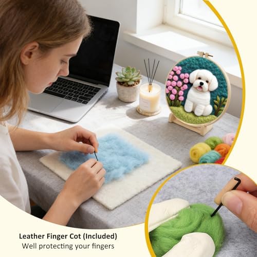 Zovylks Needle Felting Kit for Adults, 7.9 Inch Wool Felt Painting DIY Craft Set for Beginners, Needle Felt Starter Kit with Picture Frame, Foam Pad, Finger Cot (Dog) - Image 5