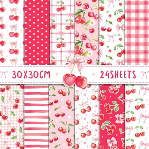 Pink Cherry Scrapbook Paper Pink Grid Pattern Papers Pad 12×12,24 Sheets Double-Sided Spring Bobo Floral Scrapbooking CardStock Paper Supplies for Holiday Cardmaking DIY Origami Papers. by iKammo
