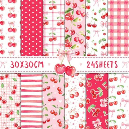 Pink Cherry Scrapbook Paper Pink Grid Pattern Papers Pad 12×12,24 Sheets Double-Sided Spring Bobo Floral Scrapbooking CardStock Paper Supplies for Holiday Cardmaking DIY Origami Papers. by iKammo