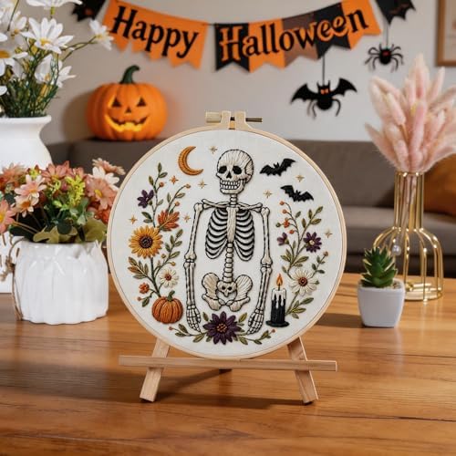 Halloween Embroidery Kit, Skeleton Cross Stitch Kits, 4 Set Craft Kits for Beginners with Pre-Printed Embroidery Fabric, Hoops, Step-by-Step Instructions, Color Threads & Needles (Halloween-4 Set) - Image 2