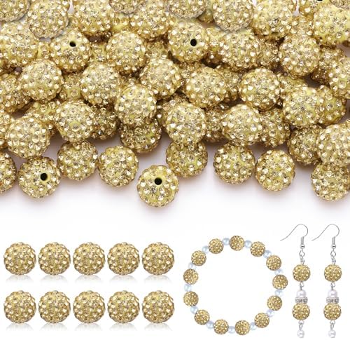 200pcs 10mm Rhinestone Beads for Jewelry Making, Light Yellow Shiny Round Disco Beads Bulk, Sparkle Crystal Clay Christmas for Bracelet Baseball Necklace Earring Crafting and DIY by TINKRSTUFF