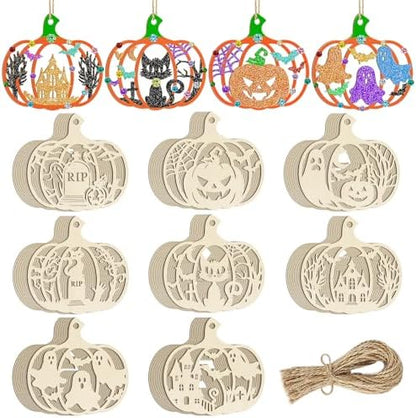 80PCS Wooden Halloween Decoration Pumpkins Ornaments to Paint Happy Halloween Cutouts Unfinished, DIY Blank Unfinished Ghost Spider Web Black Cat Trick or Treat Boo Ornament for Home Crafts Hanging by Sophena