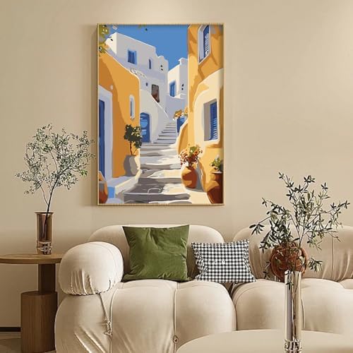 Camocin Framed Paint by Numbers Kit for Adults Beginner - Santorini Street Paint by Number Canvas with Frame, DIY Coastal Landscape Acrylic Painting Kit for Stress Relief Home Wall Decor 8x12 Inch - Image 2