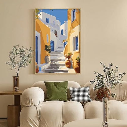 Camocin Framed Paint by Numbers Kit for Adults Beginner - Santorini Street Paint by Number Canvas with Frame, DIY Coastal Landscape Acrylic Painting Kit for Stress Relief Home Wall Decor 8x12 Inch - Image 2