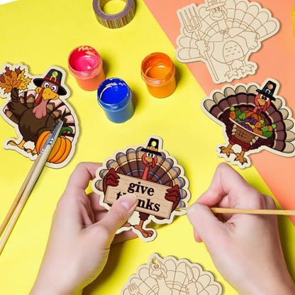 80PCS Wooden Thanksgiving Decoration Turkey Ornaments to Paint Thanksgiving Ornaments for Tree Crafts Cutouts Unfinished, DIY Blank Fall Unfinished Turkey Pumpkin Ornament for Home Harvest Hanging - Image 3