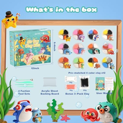 Air Dry Clay Kit, 12 Sea Creature Modeling Clay for Kids, Model Magic Clay with Sculpting Tools and Tutorials, Safe & Non-Toxic, DIY Arts & Crafts School Projects, Home Party Favors for Boys & Girls - Image 2