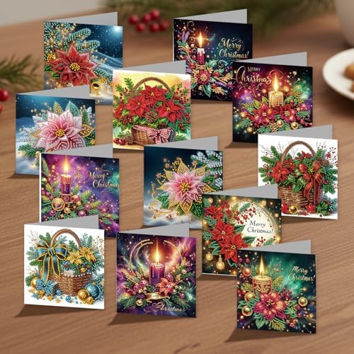 jinglinhh 12pcs Diamond Art Painting Christmas Poinsettia Basket Candle Greeting Cards with Envelopes, DIY Card Making Kits for Adults, Diamond Art Christmas Cards for Holiday Gifts - Image 7