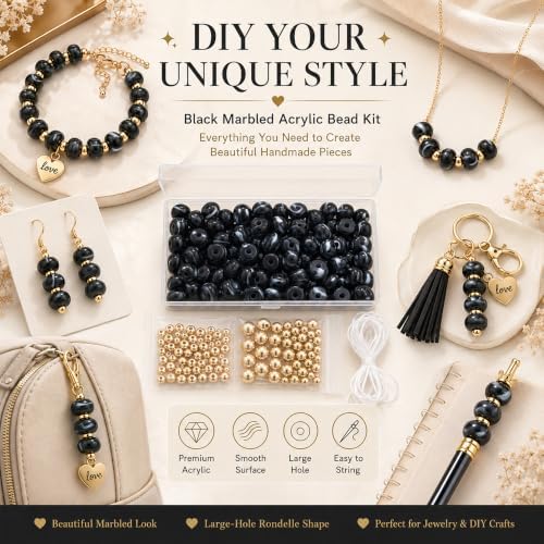 100Pcs 14mm Large Acrylic Beads for Jewelry Making, Chunky Marbled Round Focal Beads Bulk Set with Spacer Beads for DIY Bracelets Necklaces Keychains Bag Charms (Black) - Image 3