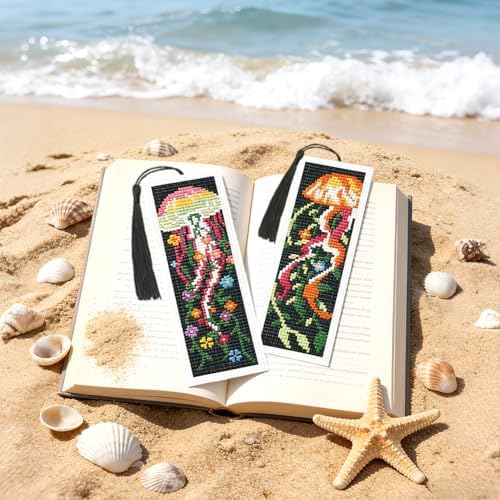 INFUNLY 6PCS Jellyfish Cross Stitch Bookmark Kit for Adults 3''×8.5'' Flowers Stamped Embroidery Bookmark Kits with Fantasy Jellyfish Needlepoint Bookmark Kit with Instruction for Book Lovers Readers - Image 5