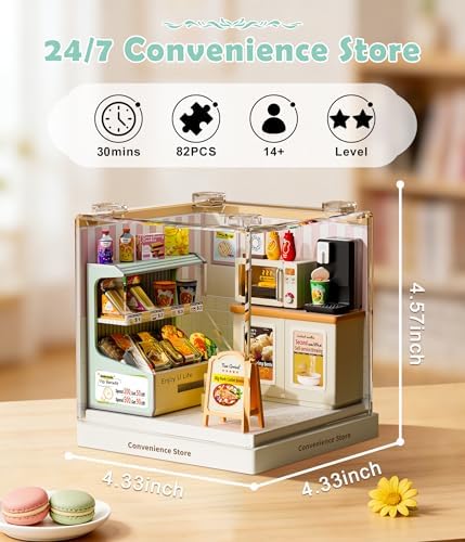 Convenience Store Miniature House Kit, Plastic DIY Dollhouse with Snacks & Hot Food Station, Stackable Transparent Dust Cover, Creative Desktop Decor for Adults Teens - Image 2