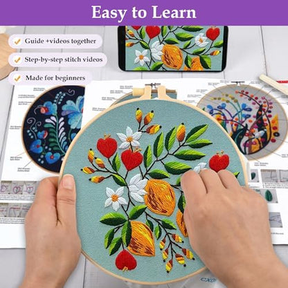 Uniartfy 3 Pack Embroidery Starter Kit for Beginners, Stamped Cross Stitch Kits for Adults with Flowers Plants and Fruits Patterns with 1 Embroidery Hoop and Color Threads, Handmade Needlepoint Kits - Image 3