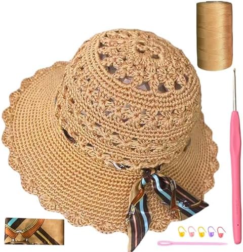 SHENJILL Crochet Kit for Beginners Sun Hat Crochet Women Beach Hat Beginner Knitting Kit for Adults Easy Starter Yarn Kits for Crocheting Easy-to-Follow Instructions (Light Brown) by SHENJILL