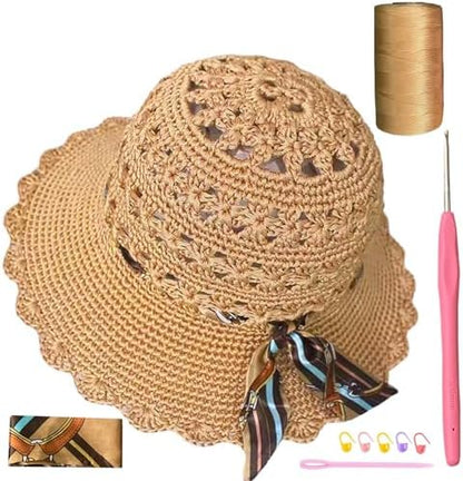 SHENJILL Crochet Kit for Beginners Sun Hat Crochet Women Beach Hat Beginner Knitting Kit for Adults Easy Starter Yarn Kits for Crocheting Easy-to-Follow Instructions (Light Brown) by SHENJILL