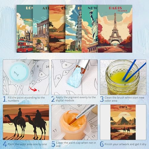 6 Pack Paint by Numbers Kit for Adults, Travel Number Painting, 10x14 Inch - Image 5
