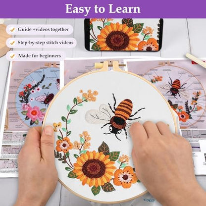 Uniartfy 3 Pack Bee Flower Embroidery Kits for Beginners, Cross Stitch Kit for Adults, DIY Needlepoint with Embroidery Hoop, Tools, Easy to Learn Video & Instructions, Hand Embroidery Starter Kit - Image 3