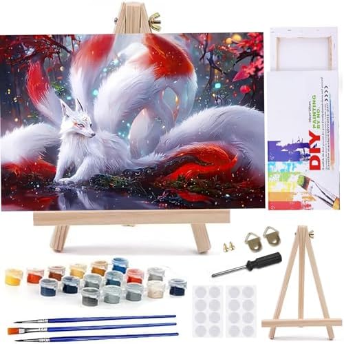 MaiMMaledy Paint by Numbers Kit for Adults Beginners Canvas Pictures with Framed Drawing Painting Acrylic Pigment with Wooden Triangle Easel Colorful Nine-Tailed Fox 8Wx12L inch by MaiMMaledy