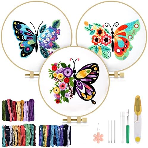 TINDTOP 3 Sets Embroidery Stitch Practice kit, Butterfly Flower Embroidery Kit for Beginners Include Cloth Hoops Threads for Craft Lover Hand Stitch with Embroidery Skill Techniques by TINDTOP