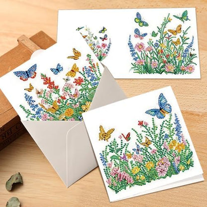 Tontut 6pcs Diamond Art Painting Kit Greeting Card, Green Flower Butterfly 5D DIY Diamond Handmade Holiday Greeting Card with Envelope, Holiday Gift Congratulations - Image 7