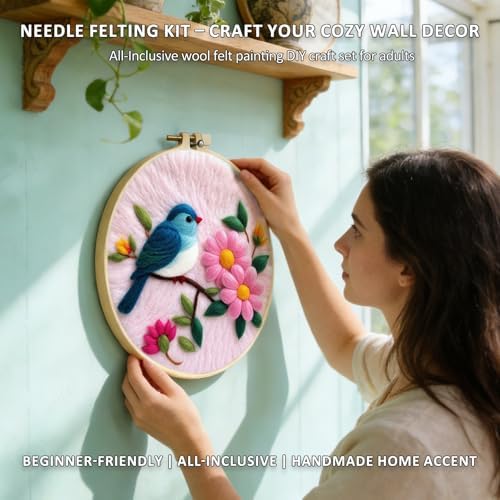 Zovylks Needle Felting Kit for Adults, 7.9 Inch Wool Felt Painting DIY Craft Set for Beginners, Needle Felt Starter Kit with Picture Frame, Foam Pad, Finger Cot (Pink Flower Blue Bird) - Image 4