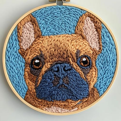 DIY Punch Needle Kits Cartoon Brown French Bulldog with Hoop 20x20cm-1 by Unknown