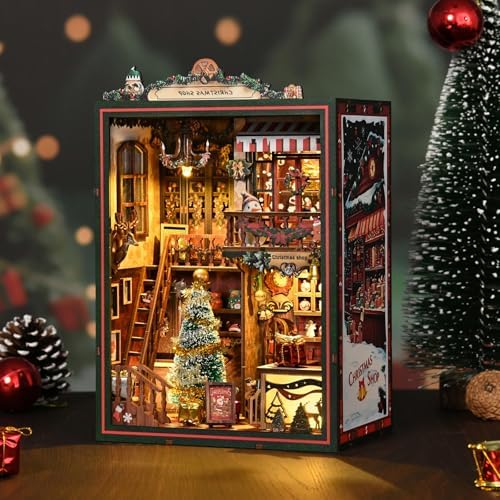 Christmas Book Nook Kit, DIY Miniature House Dollhouse Kit for Adults and Teens, Music Box, LED, 3D Wooden Puzzle Booknook Tiny House Bookshelf Decor, Gift for Family, Friends by MOSTCLOUD