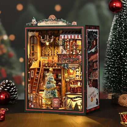 Christmas Book Nook Kit, DIY Miniature House Dollhouse Kit for Adults and Teens, Music Box, LED, 3D Wooden Puzzle Booknook Tiny House Bookshelf Decor, Gift for Family, Friends by MOSTCLOUD